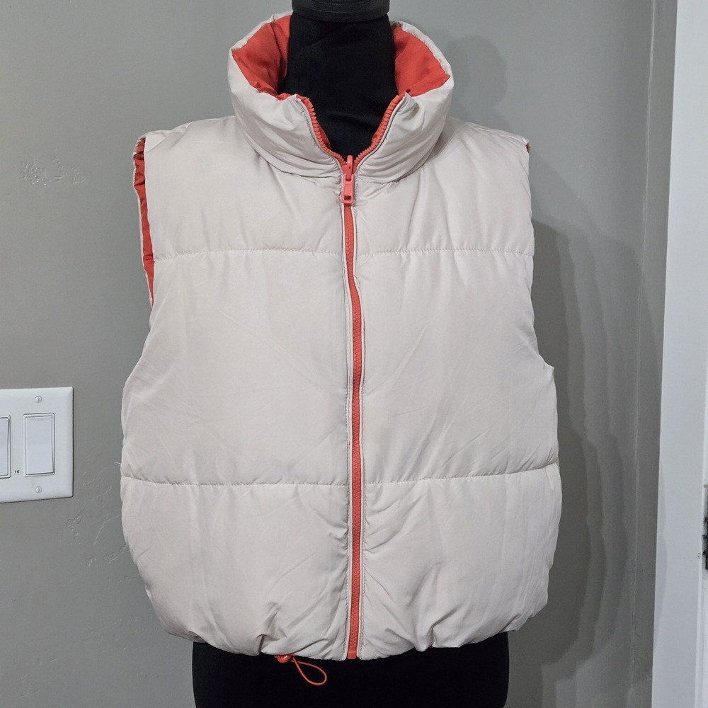 Love Tree Cropped Reversible Puffer Vest Sz L Beige Orange Full Zip Pockets‎ - Picture 2 of 12